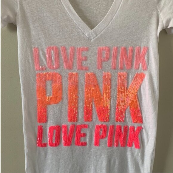 Pink Victoria’s Secret Sequin Letter T-shirt Short sleeve Y2K 2000s White XS - Picture 8 of 12